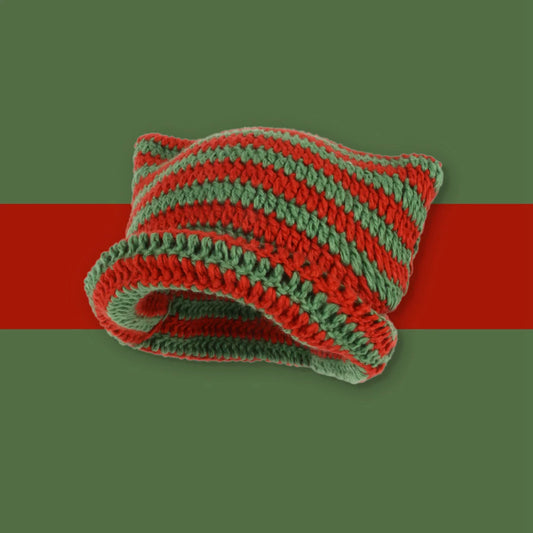 Cat Beanie - Red & Green Stripped Hat