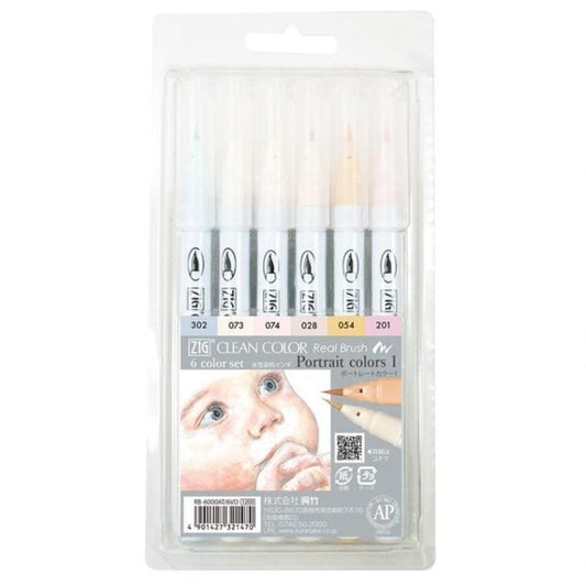 Kuretake ZIG - Clean Color Real Brush Pen Markers - Portrait Set of 6