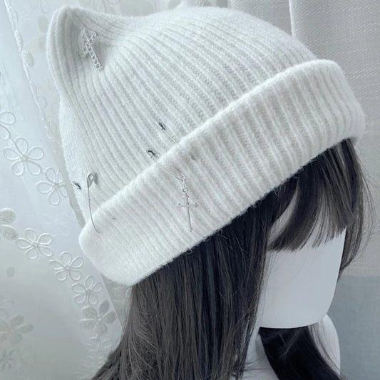 Cat Beanie - White or Black - Gothic Cross Chain