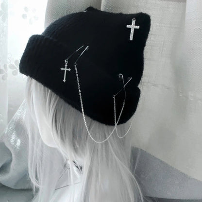 Cat Beanie - White or Black - Gothic Cross Chain