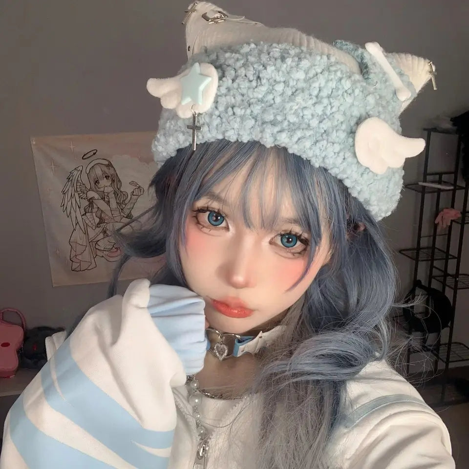 Cat Beanie - Pastel Baby Blue - Angel Wings