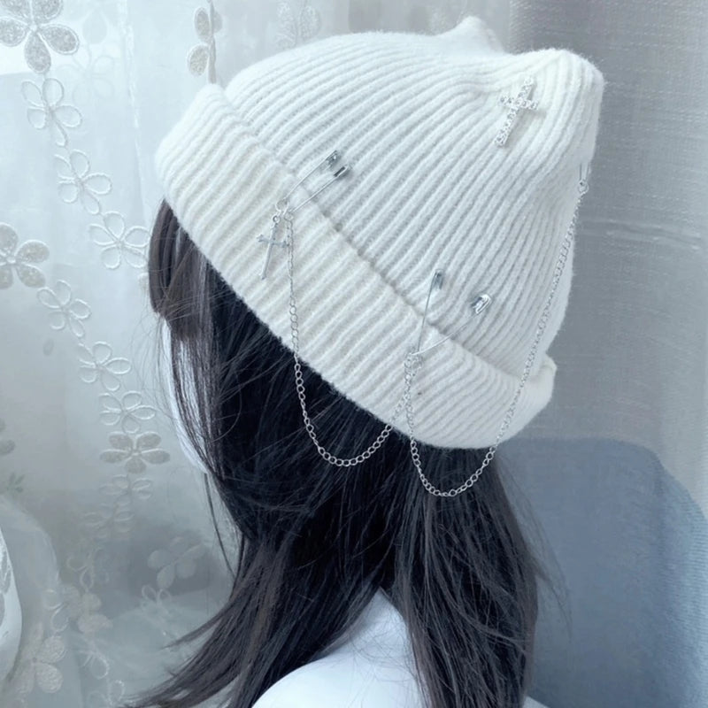 Cat Beanie - White or Black - Gothic Cross Chain