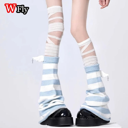 Leg Warmers Pastel Baby Blue Striped Angel Wings