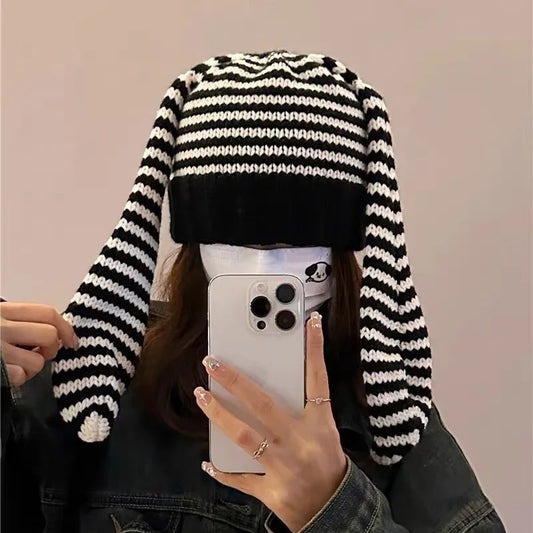 Bunny Beanie Stripped Hat Black & White