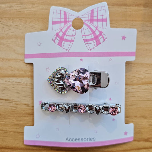 Hair Clips - Silver & Pink - Multi Hearts Set