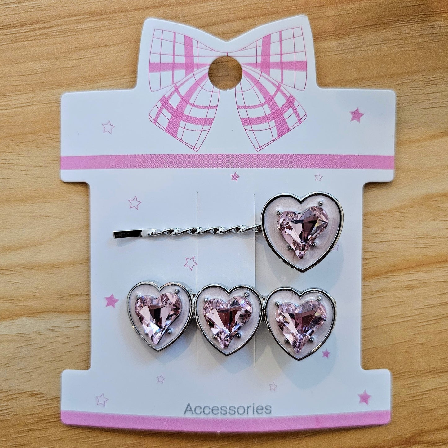 Hair Clips - Silver & Pink - Double Hearts