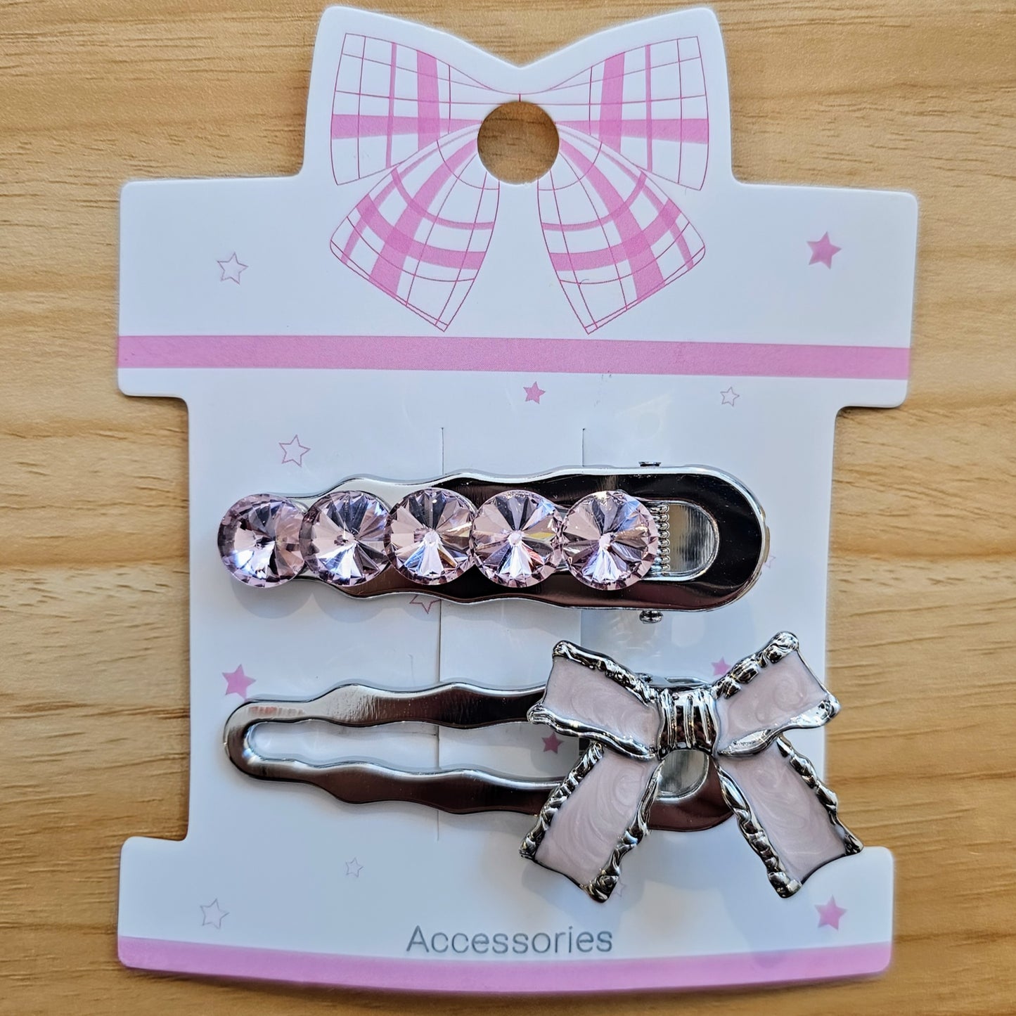 Hair Clips - Silver & Pink - Bows & Dot Set