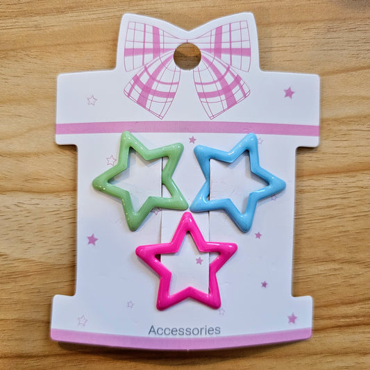 Hair Clips - Pink, Blue & Green Stars - Set of 3