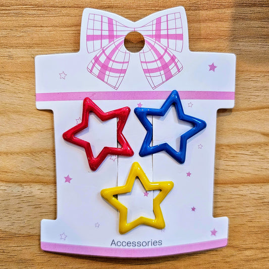 Hair Clips - Yellow, Blue & Red Stars - Set of 3