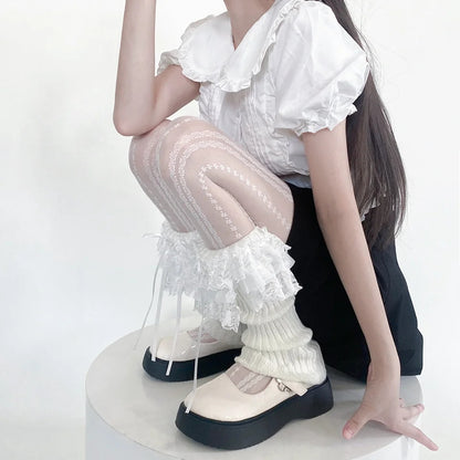 Leg Warmers - White Bow - Ruffled