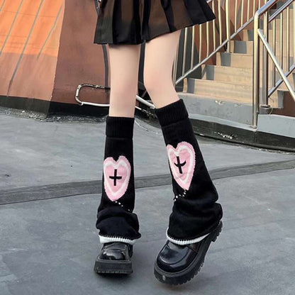 Leg Warmers - Black & Pink - Cross & Heart