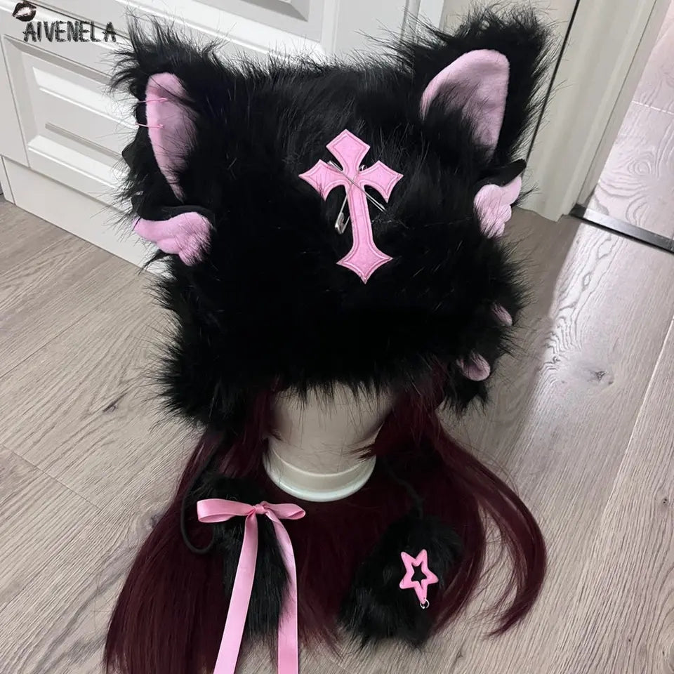 Cat Beanie Angel Cross Black & Pink