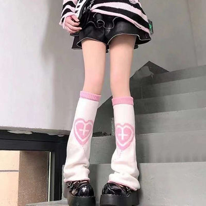 Leg Warmers - White & Pink - Cross & Heart