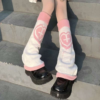 Leg Warmers - White & Pink - Cross & Heart