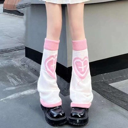 Leg Warmers - White & Pink - Cross & Heart