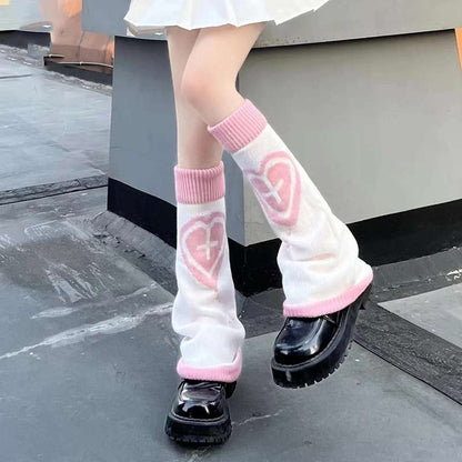 Leg Warmers - White & Pink - Cross & Heart