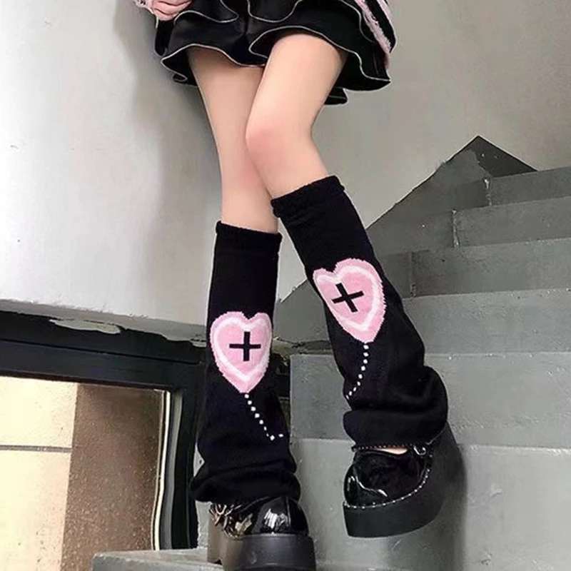 Y2K Harajuku Fashion - Leg Warmers Crossed Hearts Black