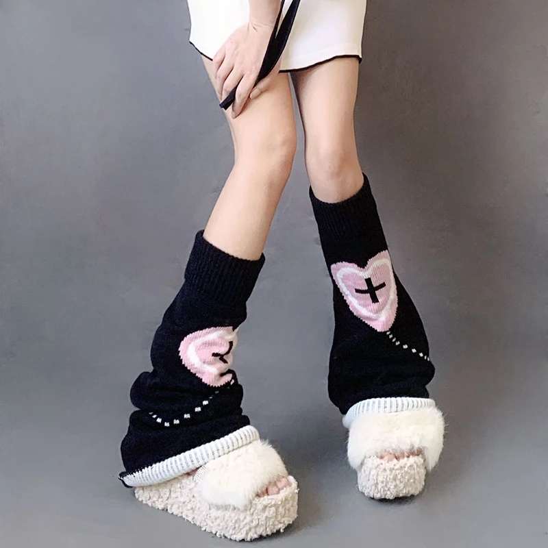 Y2K Harajuku Fashion - Leg Warmers Crossed Hearts Black