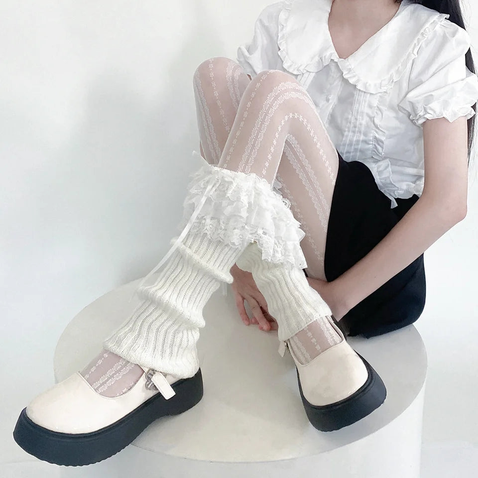 Leg Warmers White Bow Ruffled