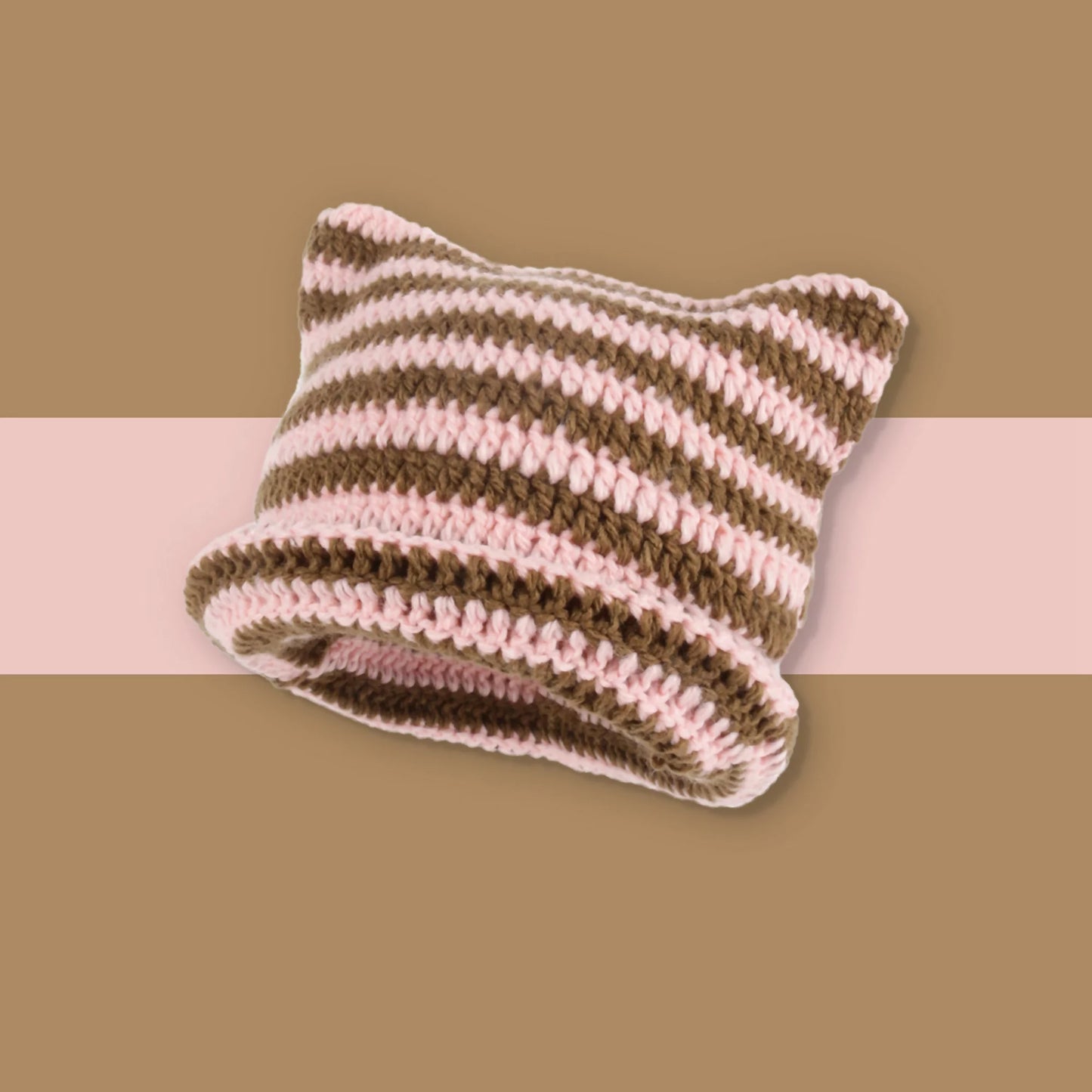 Cat Beanie - Pink & Brown Stripped Hat