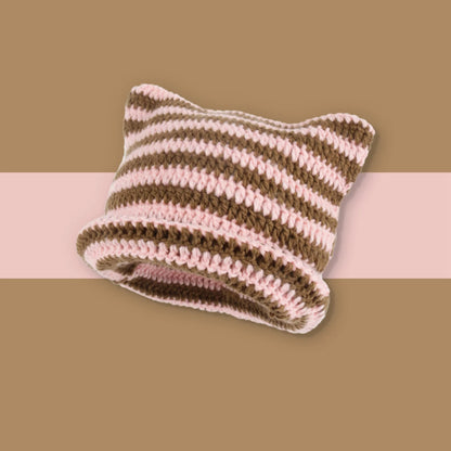 Cat Beanie - Pink & Brown - Stripped Hat