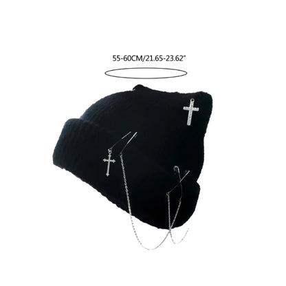 Cat Beanie - White or Black - Gothic Cross Chain