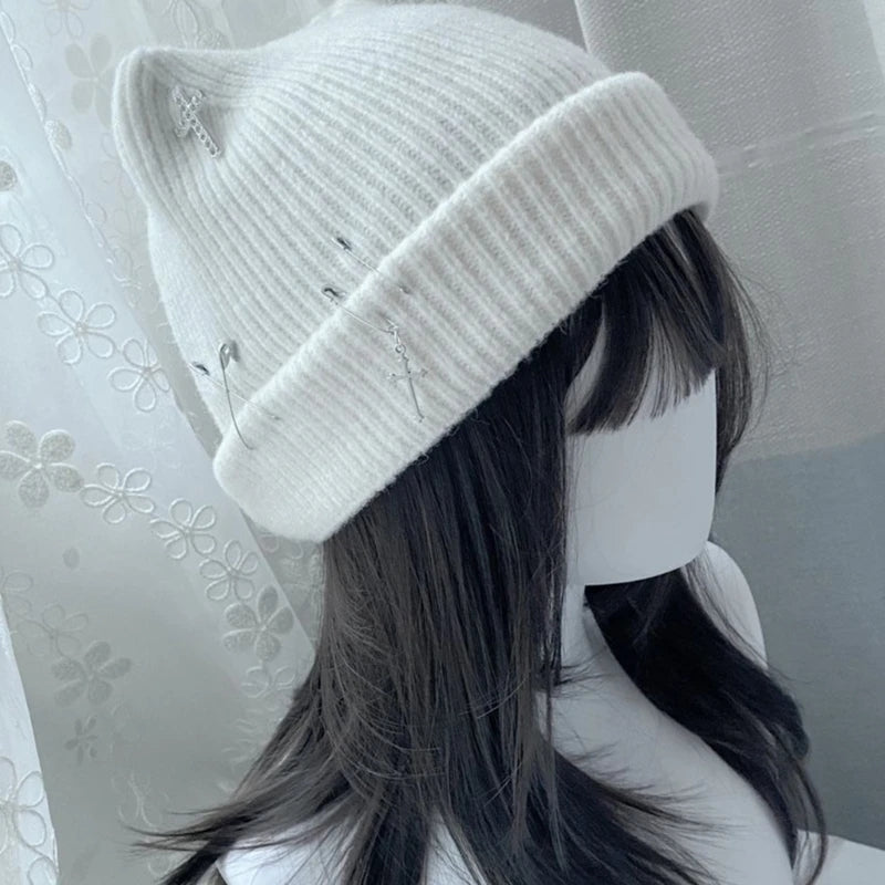 Cat Beanie - White or Black - Gothic Cross Chain