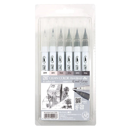 Kuretake ZIG Clean Color Real Brush Pen – Cool Gray 6-Color Set