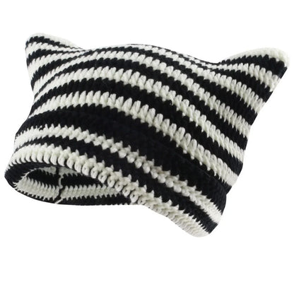 Cat Beanie - Red & Black - Stripped Hat