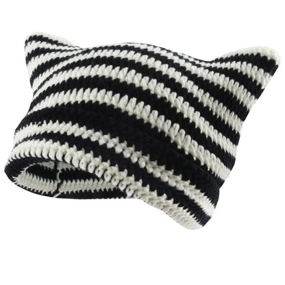 Cat Beanie Black & White Stripped Hat