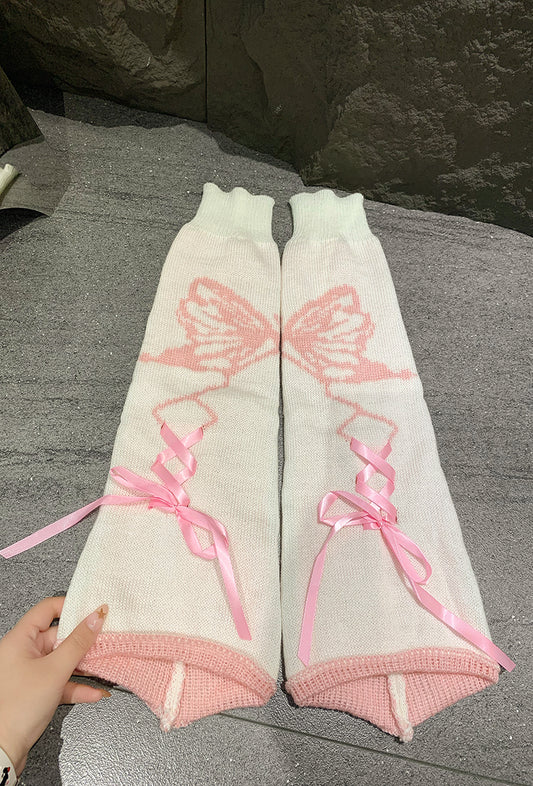 Leg Warmers -  White & Pink - Butterfly