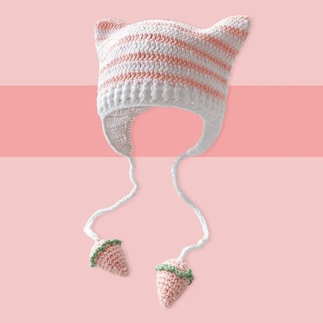 Cat Beanie - Strawberry Pastel Pink Hat