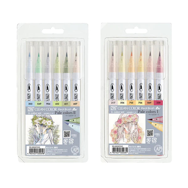 Kuretake ZIG Clean Color Real Brush Pen Pale Tea 6 Colours Set 1 & 2
