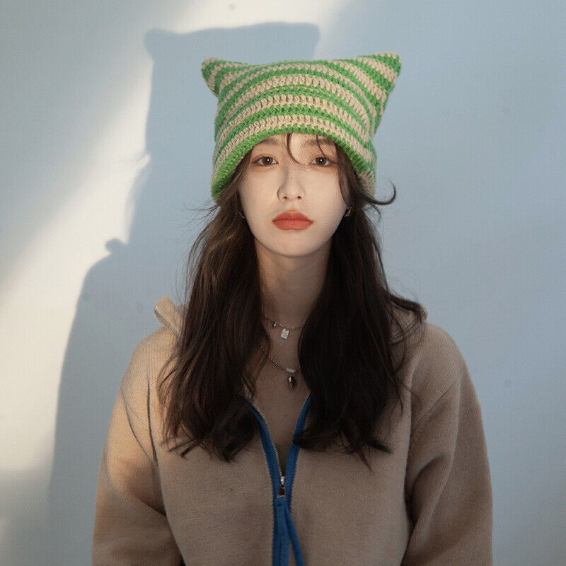 Cat Beanie - Beige & Green Stripped Hat