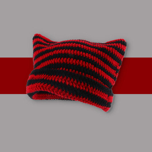 Cat Beanie - Red & Black Stripped Hat