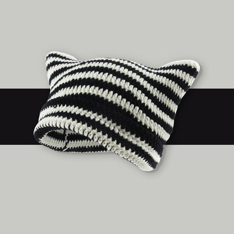 Cat Beanie - Black & White Stripped Hat